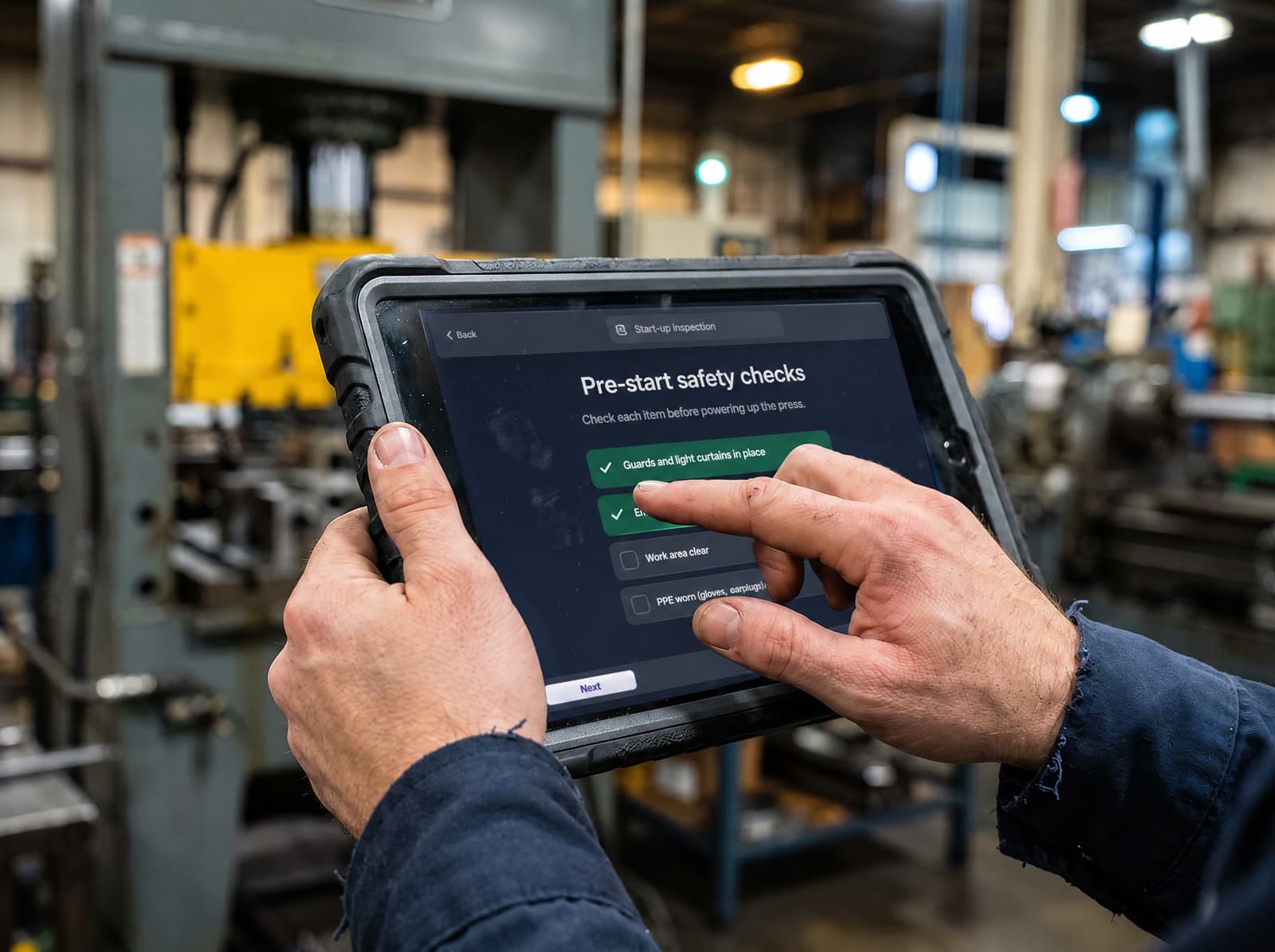 Operator ticking off pre-start safety checks on a tablet, in front of a press