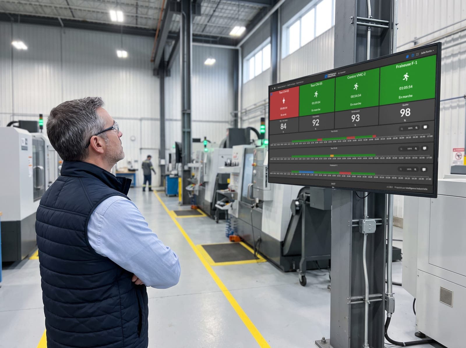 Directeur d'usine consultant le tableau de bord TRG sur un grand écran en atelier